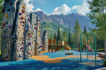 A vibrant childrens play area featuring a colorful climbing wall for kids to enjoy, A rock climbing themed playground in a mountainous landscape, AI Generated - obrazy, fototapety, plakaty