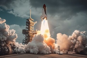 A space shuttle with flames and smoke emerging from its engines, taking off from a launch pad, A rocket blasting off to demonstrate accelerating inflation, AI Generated - obrazy, fototapety, plakaty