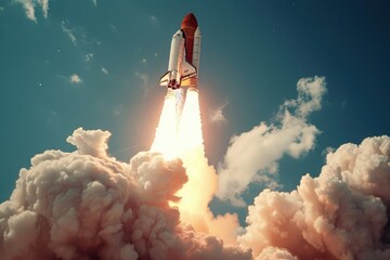 A space shuttle takes off into the sky with a powerful burst of thrust from Kennedy Space Center, A rocket blasting off to demonstrate accelerating inflation, AI Generated - obrazy, fototapety, plakaty