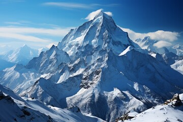 Fototapeta na wymiar Snowcovered mountain against a blue sky, a stunning natural winter landscape