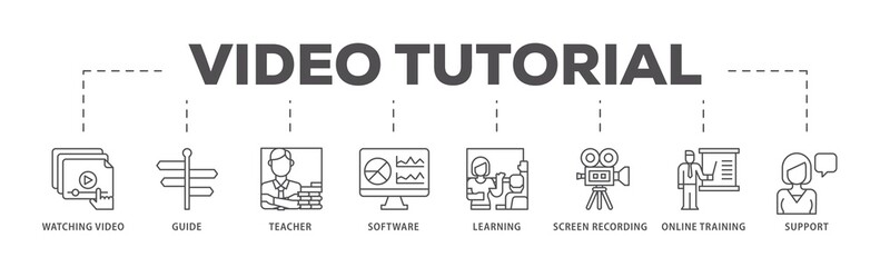 Video tutorial infographic icon flow process which consists of watching video, guide, teacher, software, learning, screen  recording, online training, support icon live stroke and easy to edit  - obrazy, fototapety, plakaty