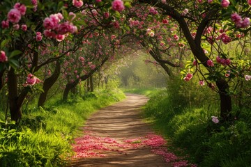 A dirt road winds its way through a lush landscape, enveloped by towering trees and vibrant flowers, A romantic pathway under blossoming apple trees, AI Generated