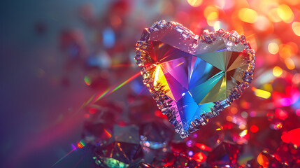 A composition of floating crystal prisms refracting rainbows, forming the silhouette of a heart, symbolizing the spectrum of emotions in love