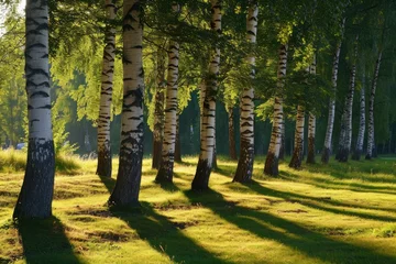  A group of tall trees stands in the middle of a lush grassy field, A row of birch trees casting long shadows in a summer park, AI Generated © Iftikhar alam