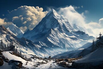 Snowy mountain with clouds in the blue sky, a stunning natural landscape - obrazy, fototapety, plakaty