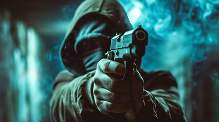 Ein Mann mit Kapuze und vermummt mit Waffe bedroht jemanden in einem dunklen rauchigen Ort wahrscheinlich ein Kriminieller oder Bandenmitglied