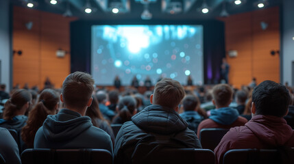Menschen sitzen in einem großen Saal mit Leinwand vorne sitzen 5 Sprecher und es ist ein Vortrag, Schulung, Besprechung, Vertrieb, Informationsveranstaltung, Konferenz