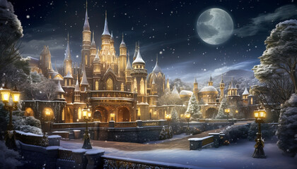 A castle with a large moon in the sky, scene is serene and peaceful