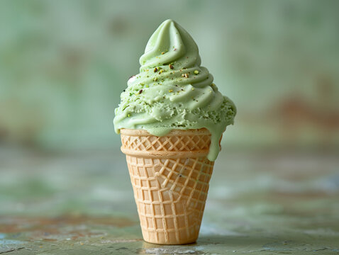 Glace &agrave; l'italienne &agrave; la cr&egrave;me saveur pistache dans un cornet en gaufrette sur fond blanc