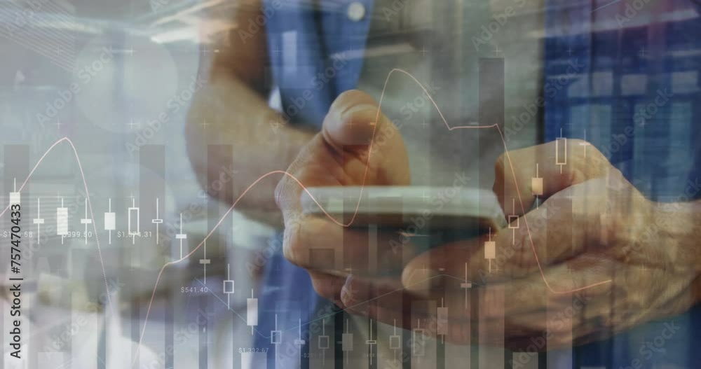 Poster animation of graph processing data over hands of caucasian man using smartphone