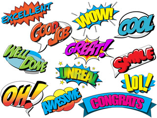 Collection of complementary or expressive words in a retro comic book style © Richard O'Donoghue