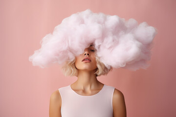 A woman in a white dress stands with her eyes closed, crowned with a fluffy cloud of pink cotton...