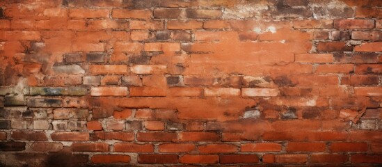 A close up of a weathered brown brick wall with rectangular bricks and wood accents. The landscape is a natural peachcolored composite material