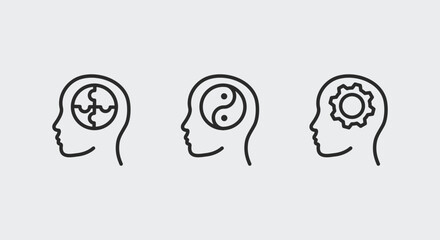 3 black line icons of puzzle head, yin yang head, and gear head on white background. Suitable for web, mobile, and promo materials. Vector illustration related to human mind, thinking, and psychology.