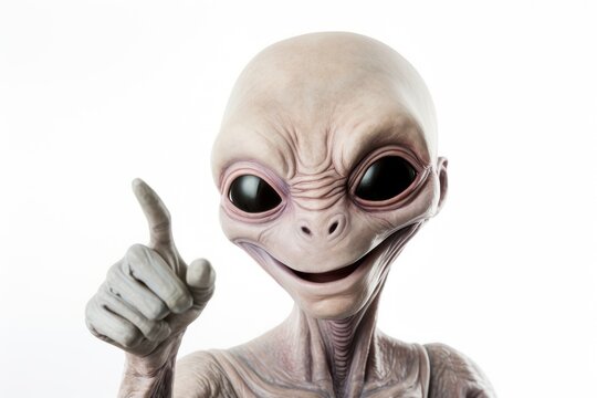 Portrait of a funny alien showing hand geisture and smiling happy