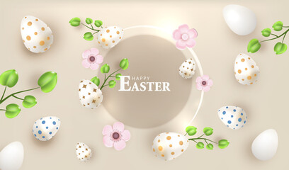 Happy Easter card vector with eggs and flowers. Holiday banner background.
- 757470807