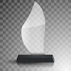 Glass winner trophies. Glass Trophy Awards. First place award, crystal prize and signed acrylic trophies. Glass award trophy or winner prize realistic vector illustration. Transparent crystal plate or