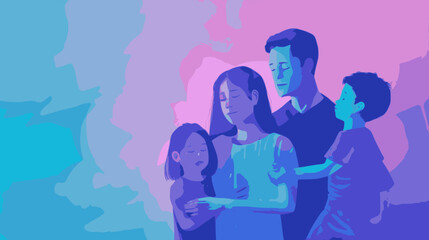 Woman, man and children, family. Lofi, blue, purple, pink