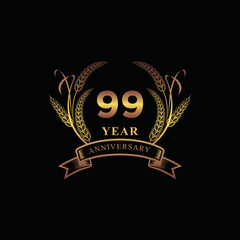 99th golden anniversary logo with ring and ribbon, laurel wreath vector