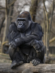 Fototapeta na wymiar Ein Gorilla sitzt im Wald und schaut ernst