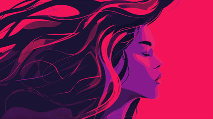 Woman long hair. Lofi, red, purple, pink - obrazy, fototapety, plakaty