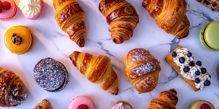 An assortment of freshly baked pastries, including golden croissants, colorful macarons, and fruit-topped tarts, artfully arranged on a marble surface.