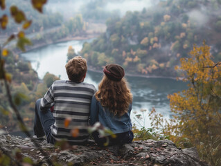 Ein junges Paar sitzt auf einem Aussichtspunkt mit Blick auf einen Fluss oder Flussschleife und genießt den Ausblick - obrazy, fototapety, plakaty