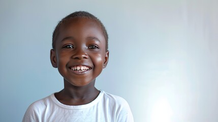 Radiant joy: A black 6-year-old girl beams with happiness in a simple white t-shirt. Perfect for portraying innocence and genuine smiles. - obrazy, fototapety, plakaty