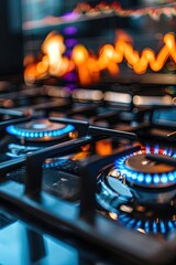 Gas stove burners. Natural gas. Cost growth concept with gas burners and stock charts blurred on background. Copy space. Powerful heat from a gas burner.