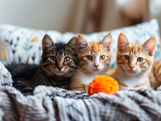 3 süße junge Katzen liegen auf einer Decke - obrazy, fototapety, plakaty
