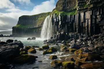 Waterfall cascades over rocks and cliffs in a sunny natural landscape - obrazy, fototapety, plakaty