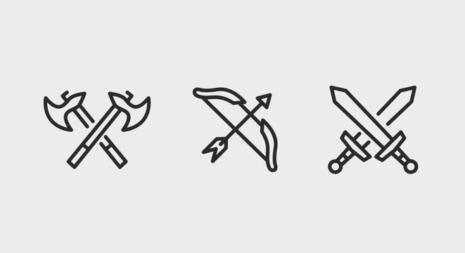 Medieval weapon icons - axes, bow & arrow, and swords. White background for web, mobile, promo, SMM. Vector illustration