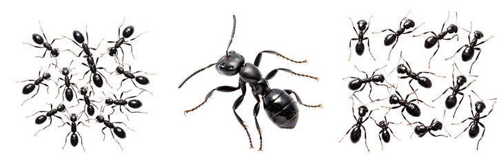 Collection of black ants isolated on transparent or white background