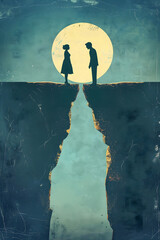 Torn Couple Is Standing On Two Cliffs, Divorce Or Family Crisis Concept Illustration, To Break Up Relationship, Separation, Postcard - obrazy, fototapety, plakaty