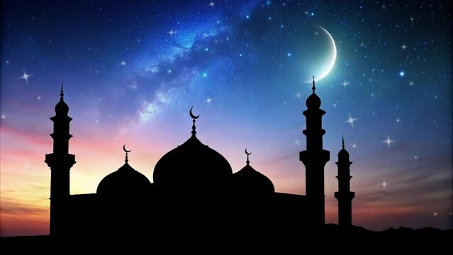 Lailatul qadr silhouette of mosque and minaret with shining crescent moon and starry sky