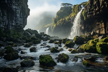 Naklejka na ściany i meble A waterfall cascades in the river among rocks, a beautiful natural landscape