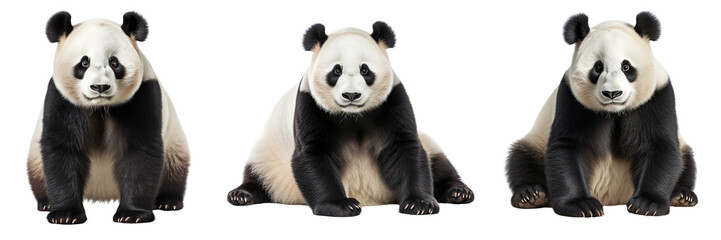 Collection of pandas isolated on transparent or white background