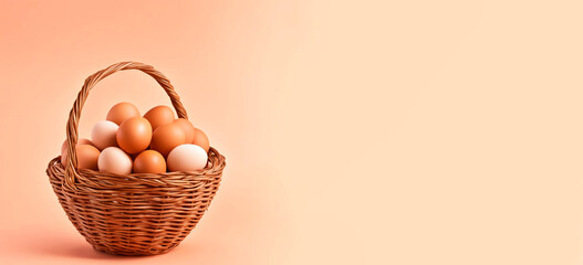 chicken eggs in a wicker basket, food shopping, background for Happy Easter decoration. artificial intelligence generator, AI, neural network image. background for the design.