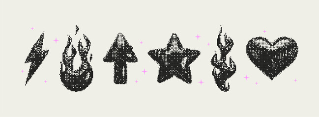 Pixel Y2K Shapes. Set of trendy different bitmap graphic elements. Stars, fires, arrow and heart. Retro futuristic clip art stickers for collage, retro design, t-shirt. 8 bit. Vector illustration.	