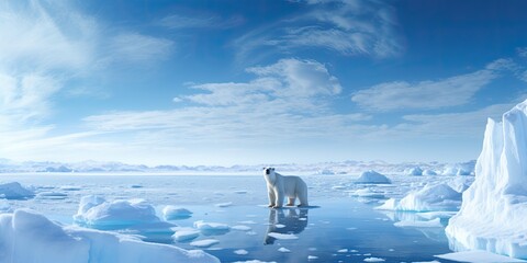 A solitary polar bear stands tall atop an ice floe, embodying the resilience of Arctic wildlife.