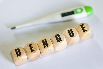 A palavra Dengue escrita em dados de madeira na linguagem Português do Brasil. Emergência na...