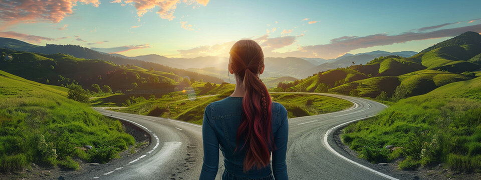 a woman in front of two roads
