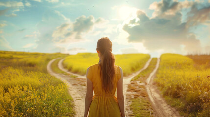 a woman in front of two roads
