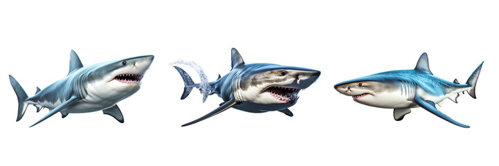 Collection of sharks isolated on transparent or white background