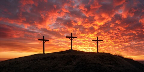 Obraz premium Three crosses on a hilltop at sunset with a dramatic sky.