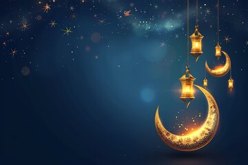 Obraz na płótnie Canvas Celestial half-moon ramadan setting embellished with lantern stars a magical night of worship and reflection