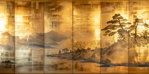 Traditional Japanese folding screen with gold leaf and landscape art.