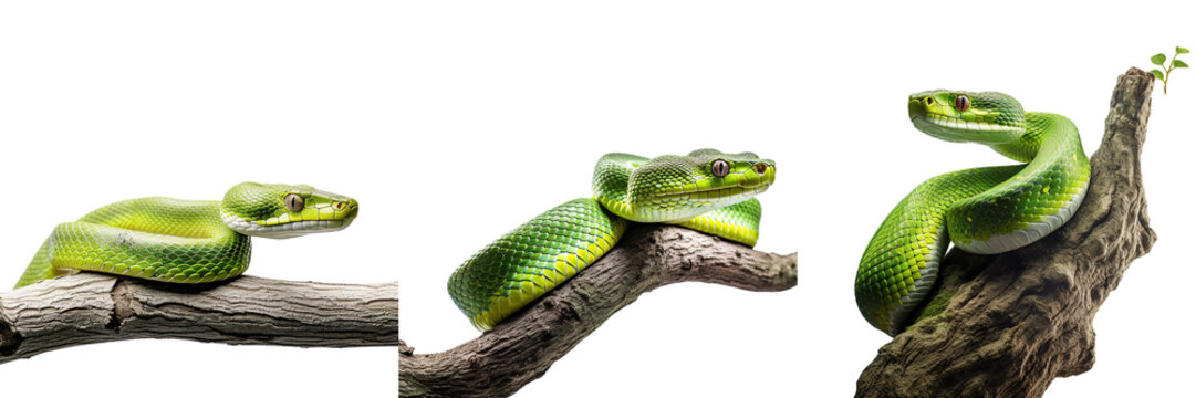 Collection of green snakes isolated on transparent or white background