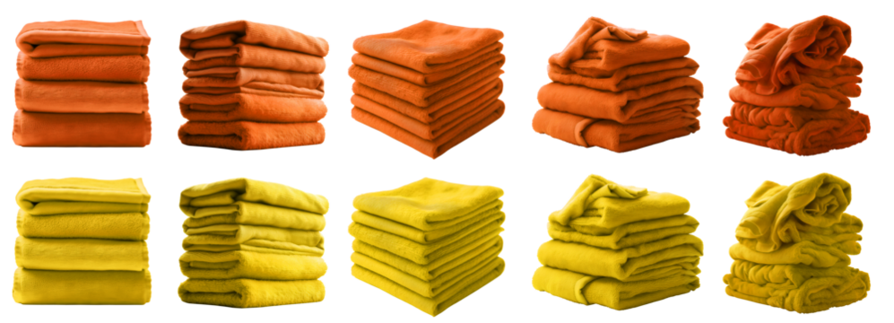 2 Set of pile stack heap of folded crumpled yellow orange mustard bath towel rug on transparent background cutout, PNG file. Mockup template for artwork graphic design