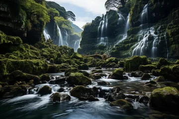 Keuken spatwand met foto Flowing river in a lush forest with waterfall backdrop © JackDong